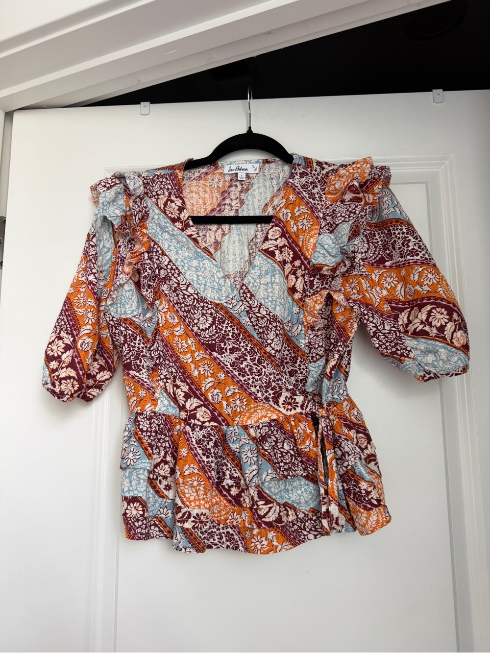 Sam Edelman Paisley Floral Ruffle Wrap Blouse Size S Boho Cotton Top